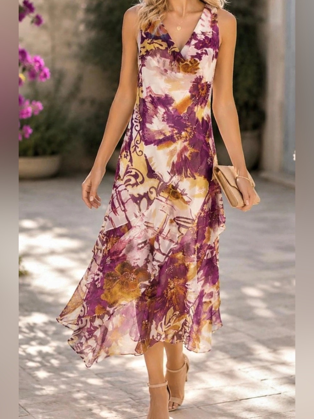 Signature by Robbie Bee Floral Midi Dress Purple & White Size 12#Y2k